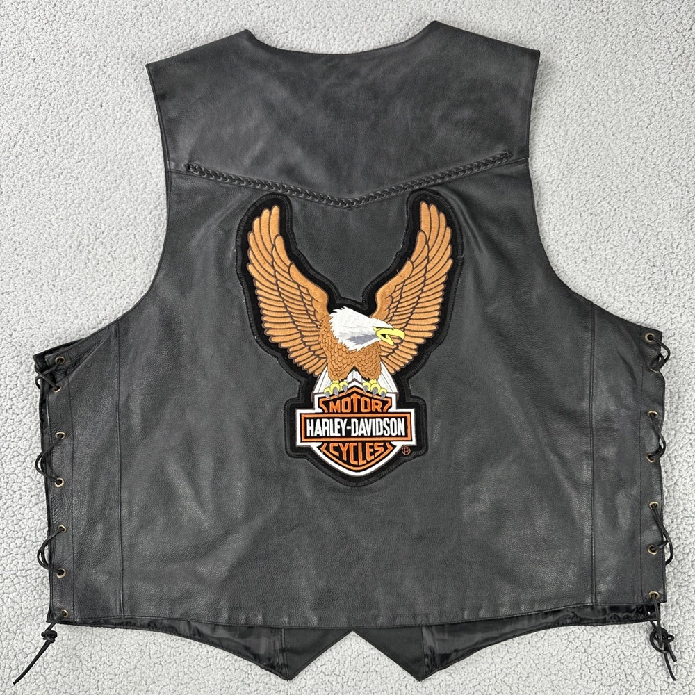 Vintage Harley Davidson Genuine Leather Vest Men Size 58 Black Eagle Embroidered